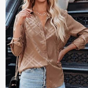 Plaid Khaki Button Down Satin Shirt With Roll Up Sleeves